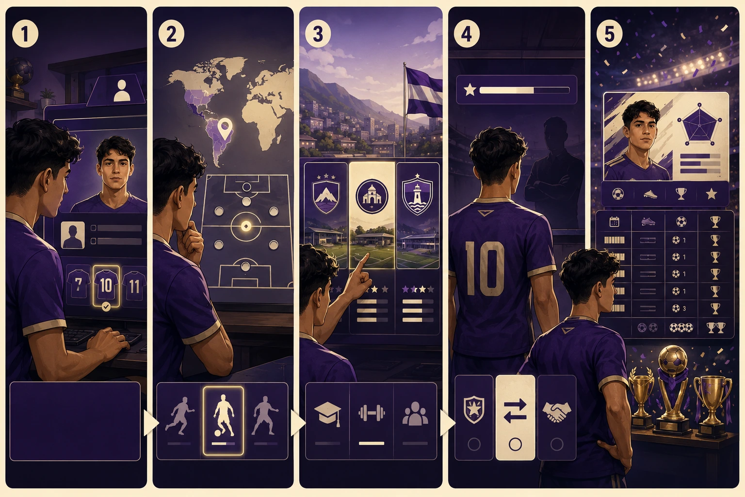 Copero career simulator flow showing player creation, nation selection, academy choice, development, and a final career summary