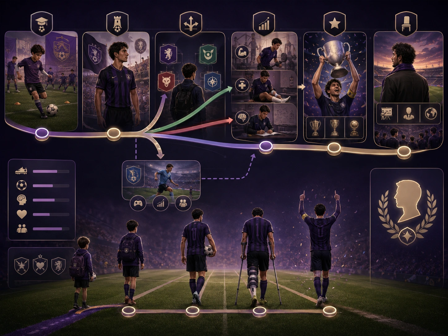 Illustration of a Copero football career moving from a youth academy through clubs and seasons to retirement